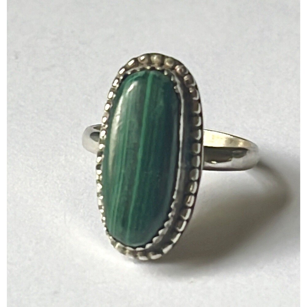 Sterling Tested Malachite Ring Vintage Long Oval Cabochon Statement Size 6